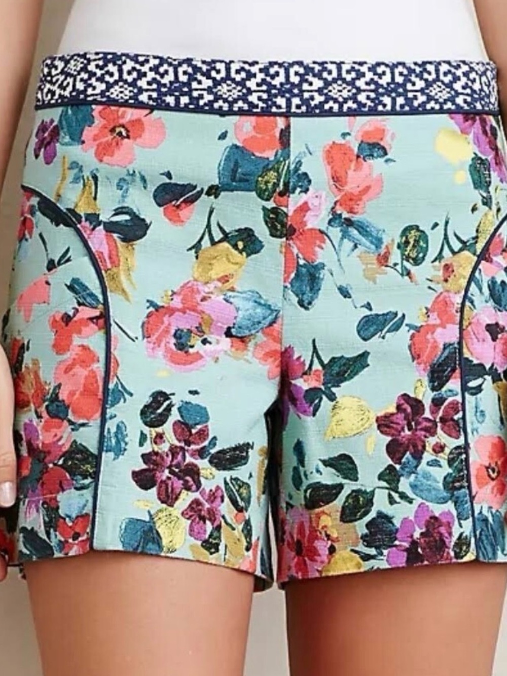 Cartonnier Mint Floral Print Shorts with Coral and Navy Accents
